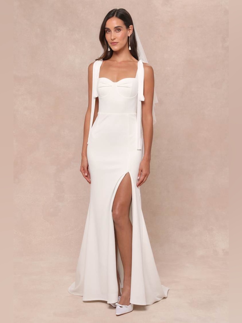 Lulus White Bridal Wedding Gown Cowl Neck Open Back Tie Strap Small